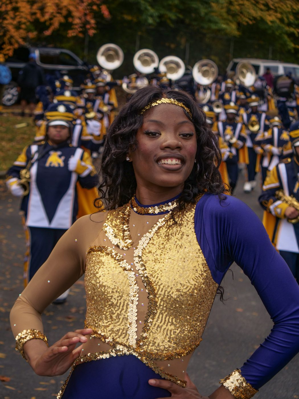 A Blue Satin dancer performing