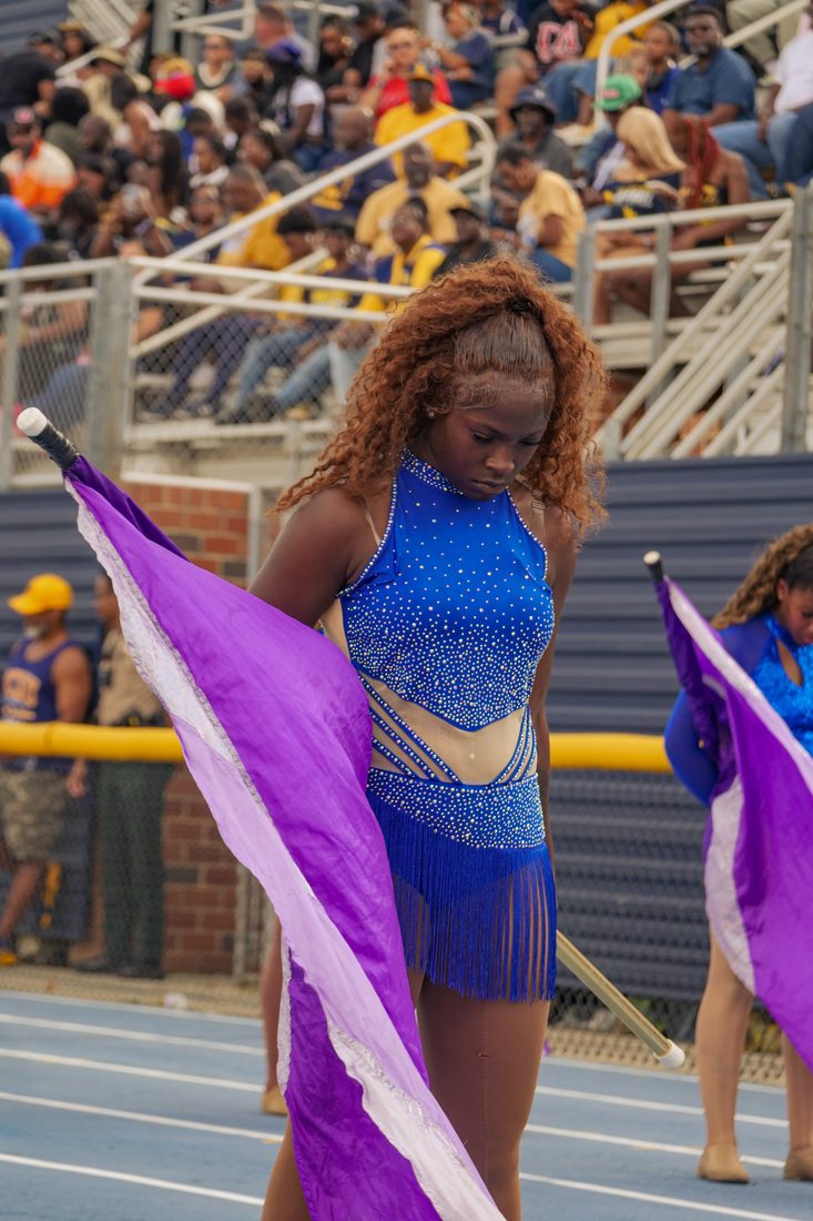 Color guard with flag extended on the field