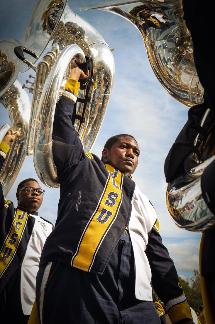 A sousaphone player performing