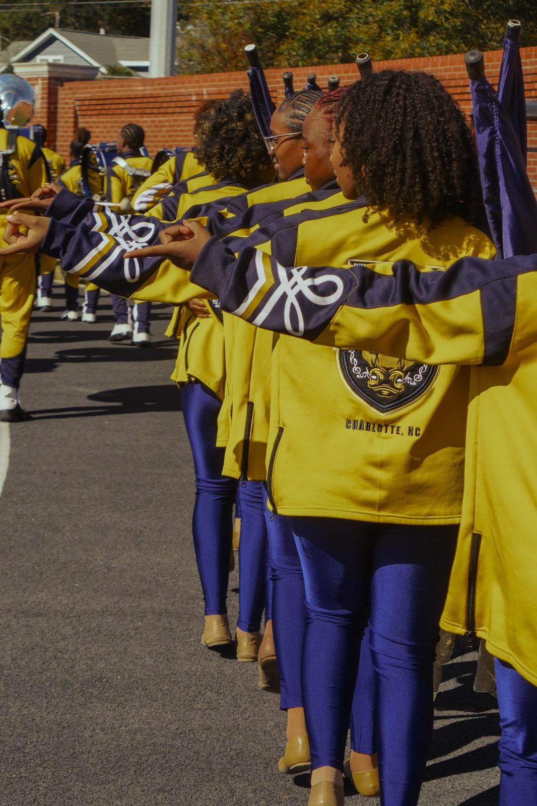 The band marching in column down the parade route