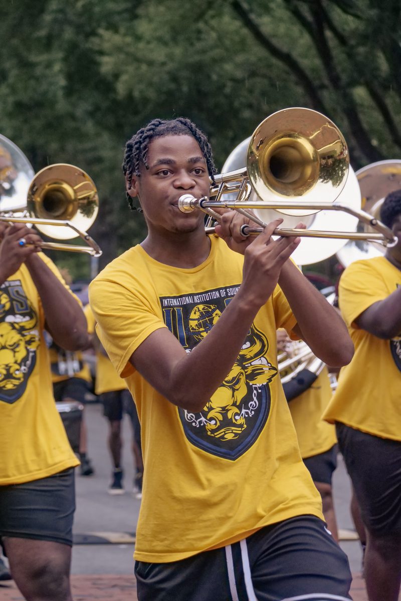 A trombone player on the parade route