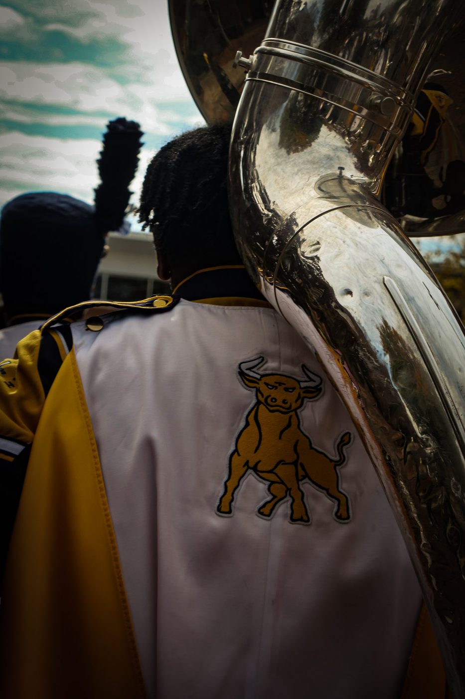 A sousaphone bearing the Golden Bull crest